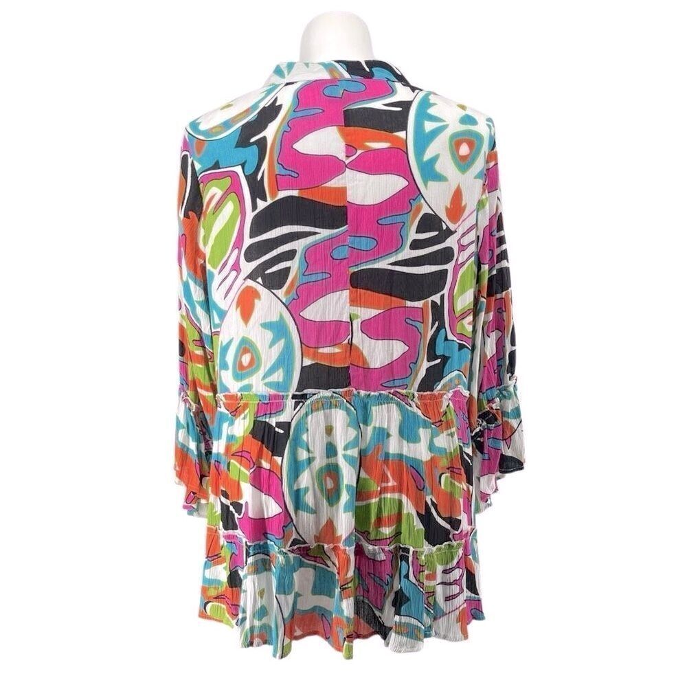 Ashley Stewart Boho Tunic or Mini Dress 14/16 Rayon Bell Sleeves Ruffle Hem - Picture 3 of 15